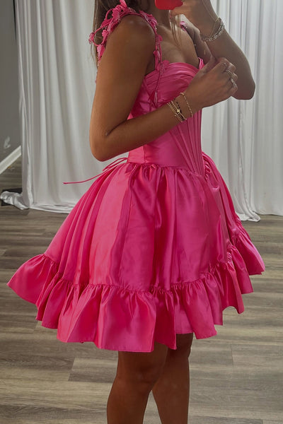 Hot Pink Corset Strapless Ruffled Short Homecoming Dress with Flowers