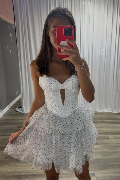 White Corset Strapless Tiered Short Polka Dots Homecoming Dress with Bow