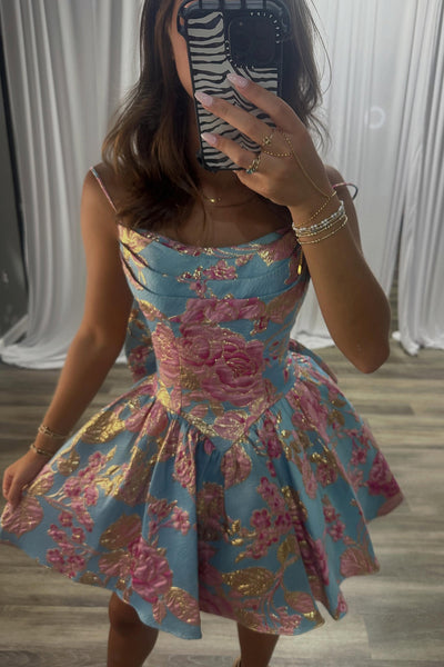 Blue Floral A Line Spaghetti Straps Short Homecoming Dress with Bow