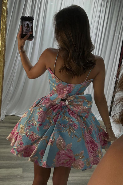 Blue Floral A Line Spaghetti Straps Short Homecoming Dress with Bow