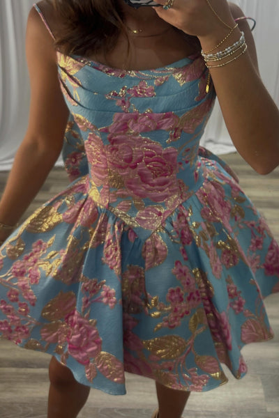 Blue Floral A Line Spaghetti Straps Short Homecoming Dress with Bow