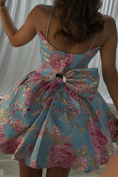 Blue Floral A Line Spaghetti Straps Short Homecoming Dress with Bow
