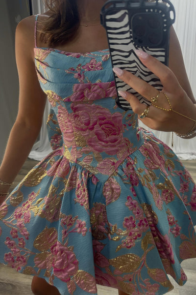 Blue Floral A Line Spaghetti Straps Short Homecoming Dress with Bow