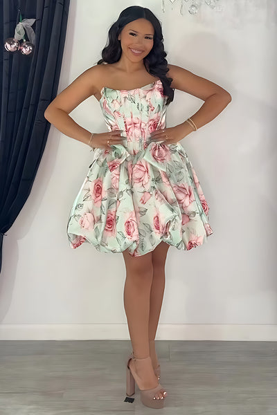 Light Green Floral Corset Strapless Short Homecoming Dress with Bows