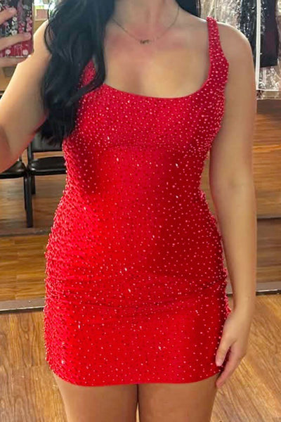 Red Sparkly Bodycon Beaded Short Homecoming Dress with Bow