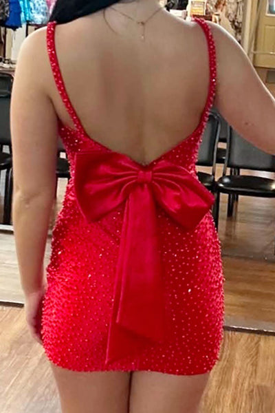 Red Sparkly Bodycon Beaded Short Homecoming Dress with Bow