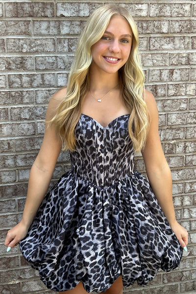 Black Cheetah Print Corset A Line Short Bubble Homecoming Dress