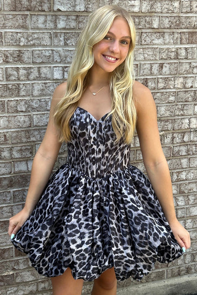 Black Cheetah Print Corset A Line Short Bubble Homecoming Dress