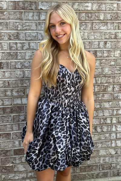 Black Cheetah Print Corset A Line Short Bubble Homecoming Dress
