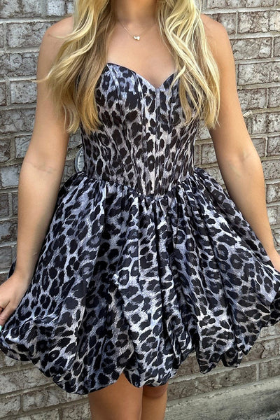 Black Cheetah Print Corset A Line Short Bubble Homecoming Dress