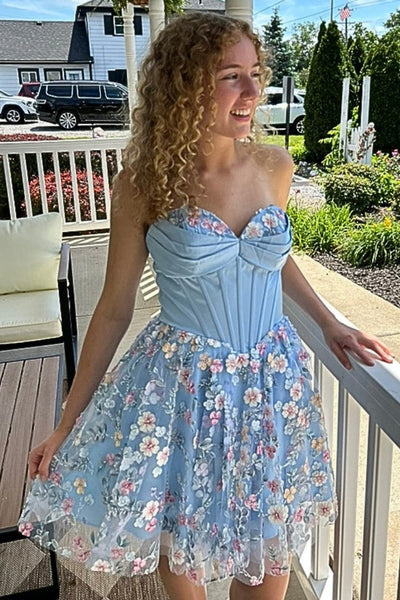 Blue Corset Sweetheart Floral Short Homecoming Dress
