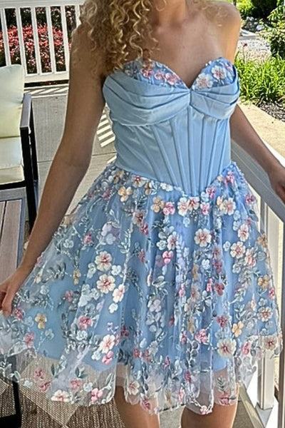 Blue Corset Sweetheart Floral Short Homecoming Dress