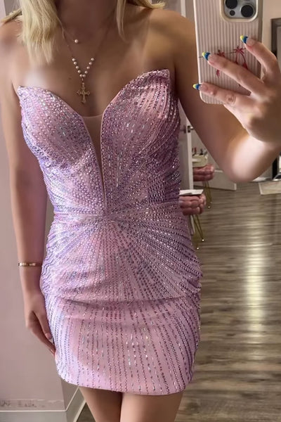 Pink Bodycon Sparkly Beaded Short Homecoming Dress