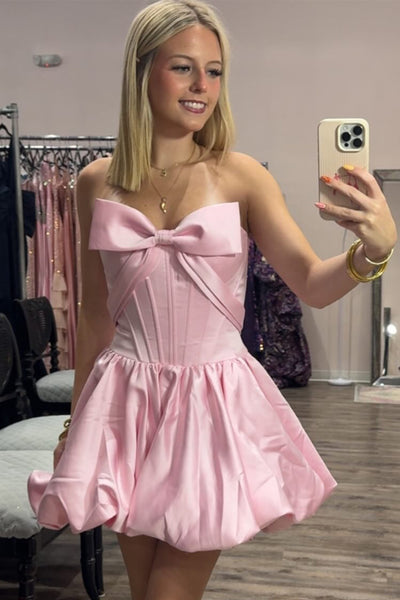 Pink Corset Strapless Short Bubble Homecoming Dress with Bow