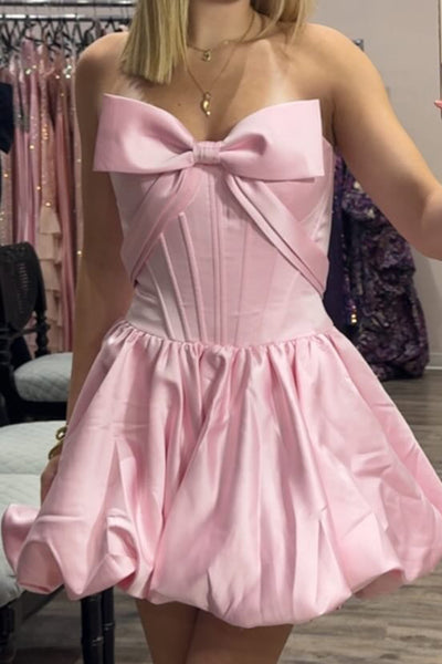 Pink Corset Strapless Short Bubble Homecoming Dress with Bow