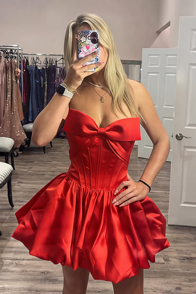 Pink Corset Strapless Short Bubble Homecoming Dress with Bow