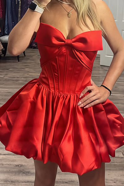 Pink Corset Strapless Short Bubble Homecoming Dress with Bow