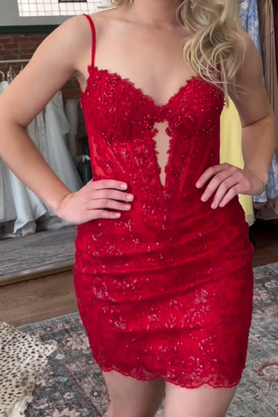Sparkly Red Corset Bodycon Short Homecoming Dress with Keyhole