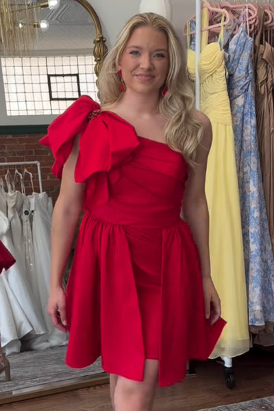 Red A Line One Shoulder Short Homecoming Dress with Bow