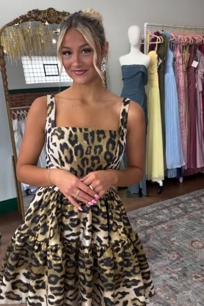 Gold Cheetah Print Square Neck A Line Short Homecoming Dress