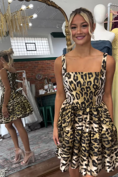 Gold Cheetah Print Square Neck A Line Short Homecoming Dress