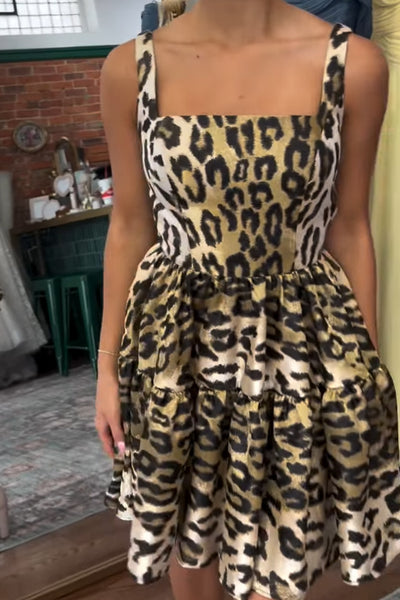Gold Cheetah Print Square Neck A Line Short Homecoming Dress