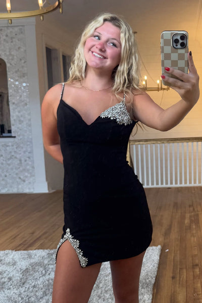 Black Bodycon Spaghetti Straps Short Homecoming Dress with Slit
