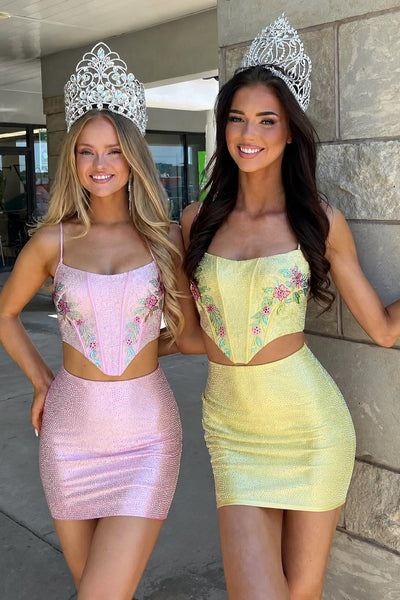 Pink Two Piece Corset Spaghetti Straps Short Homecoming Dress with Beading