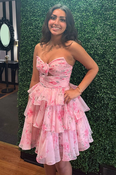 Pink Strapless Tiered Ruched Short Floral Homecoming Dress
