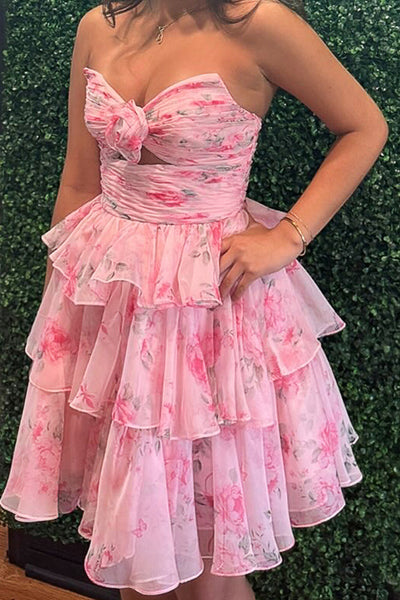 Pink Strapless Tiered Ruched Short Floral Homecoming Dress