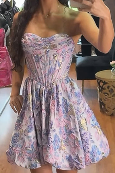 Purple Flower Corset Sweetheart Short Homecoming Dress