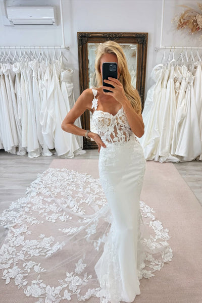 Gorgeous Mermaid V Neck Elastic Satin Wedding Dress with Appliques VK25112410