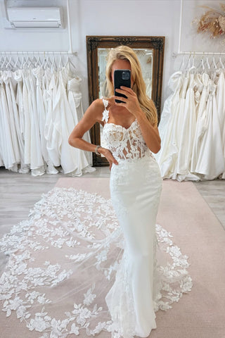 Gorgeous Mermaid V Neck Elastic Satin Wedding Dress with Appliques VK25112410