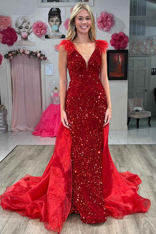 V-Neck Red Sequin Feathers Long Prom Dress with Cape VK23121805
