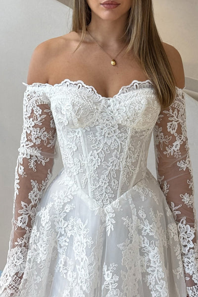 A-Line Off the Shoulder Long Sleeves Floral Lace Wedding Dresses VK26081904