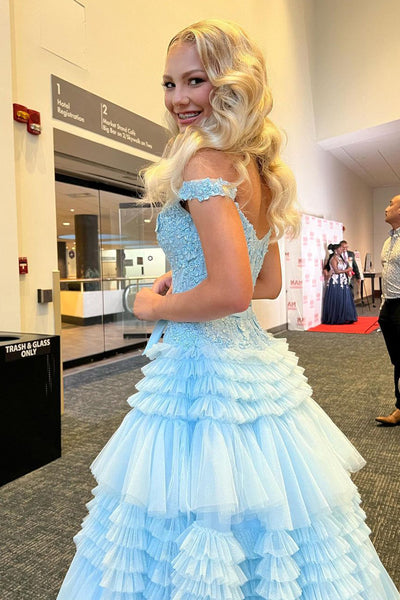 Princess A-Line Off the Shoulder Light Blue Tulle Prom Dresses Quinceanera Dresses VK230720004