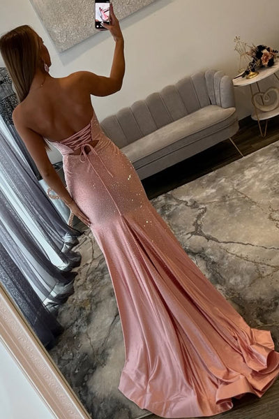 Mermaid Sweetheart Blush Pink Beaded Long Prom Dresses with Slit VK26020608