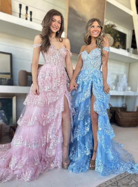 Cute A Line Off the Shoulder Blue Sequin Lace Long Prom Dresses VK23051903