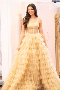 Gold Strapless Sequined A-line Multi-Layers Long Prom Dress VK23102907