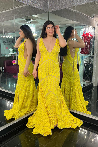 Mermaid Deep V Neck Yellow Sequins Long Prom Dresses VK24030204