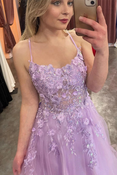 Lilac Appliques Straps A-line Long Prom Dress VK23103005