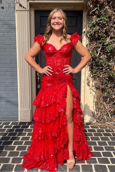 Cute A-Line Sweetheart Red Sparkle Lace Long Prom Dress with Slit VK23090205