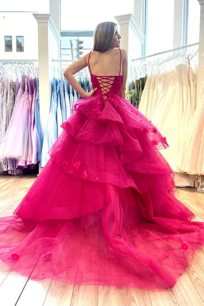 Hot Pink Sweetheart Tiered Tulle Long Prom Dresses with Appliques VK23123005