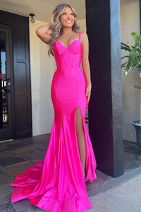 Hot Pink Corset Lace-Up Mermaid Long Formal Dress with Slit VK23102606