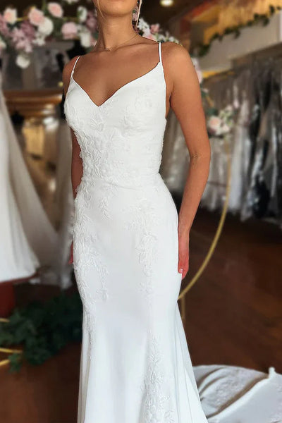 Elegant Mermaid V Neck Elastic Satin Long Wedding Dresses with Appliques