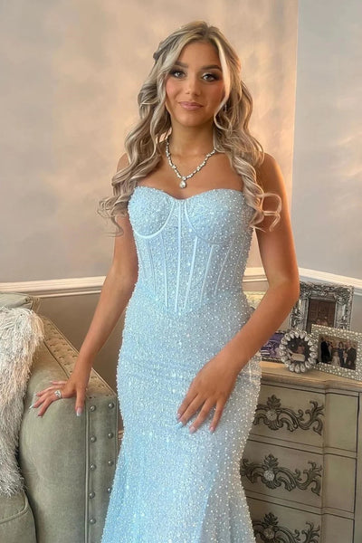 Light Blue Sequins Straps Mermaid Long Prom Dress VK23122307