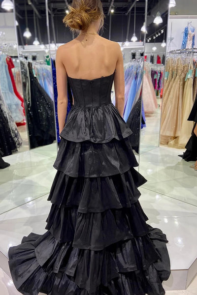 Simple Black A-Line Corset Sweetheart High Low Tiered Prom Dress VK24012302