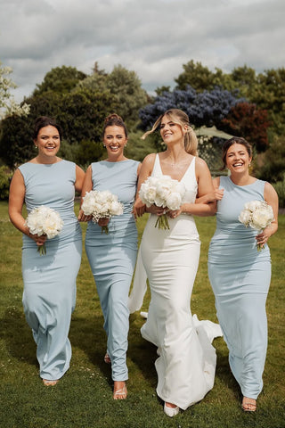 Sheath Mermaid Boat Neck Elastic Satin Bridesmaid Dress VK25060906