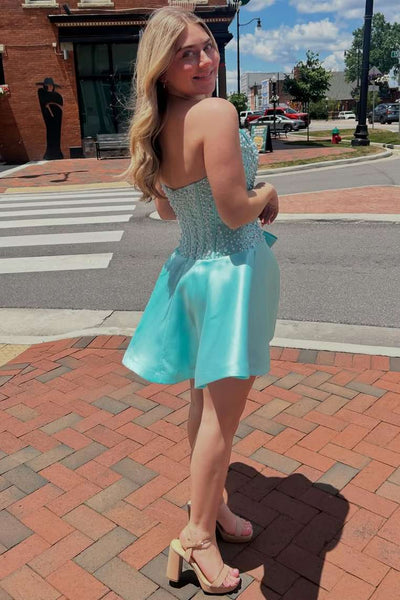 A-Line Strapless Beads Empire-Waist Short Homecoming Dress with BowVK26070113