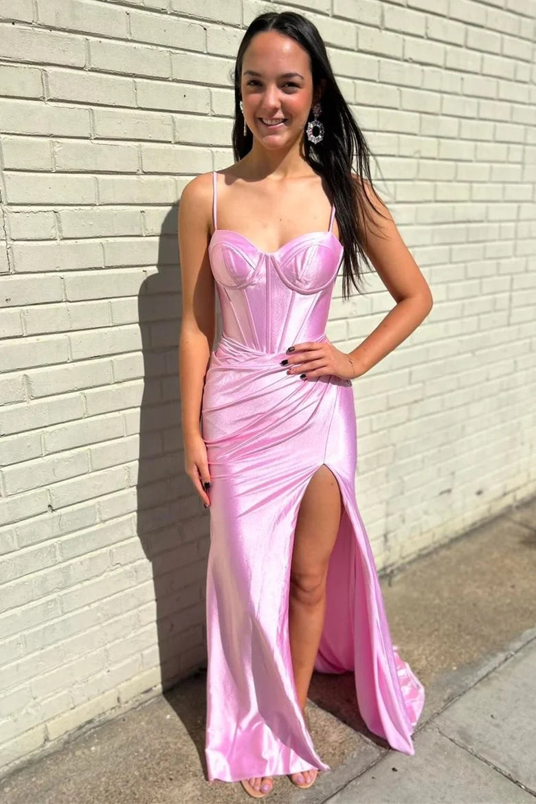 Pink Corset Spaghetti Strap Mermaid Long Formal Dress with Slit VK23110908